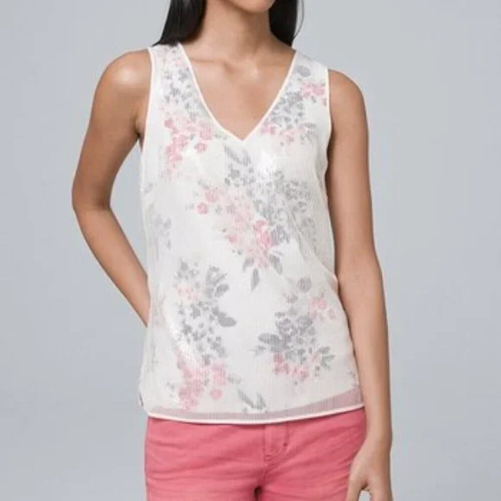 WHBM Shinny Floral XXS Sequin-Overlay Sleeveless Shell Tank Tunic Top Summer